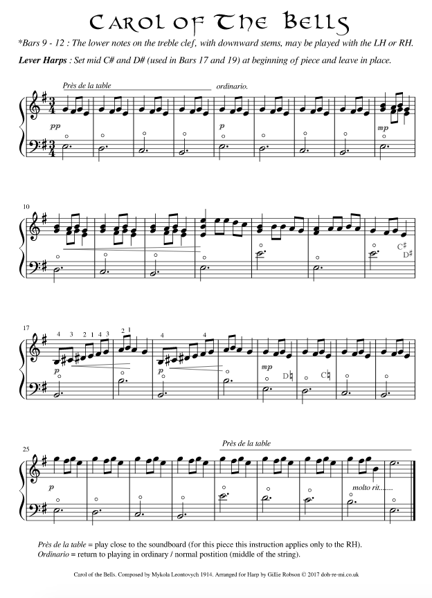 Carol Of The Bells : arranged for Harp.